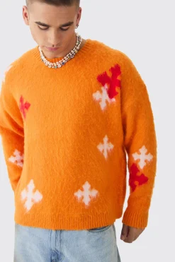 Oversized Boxy Cross Brushed Knitted Jumper | BoohooMAN UK