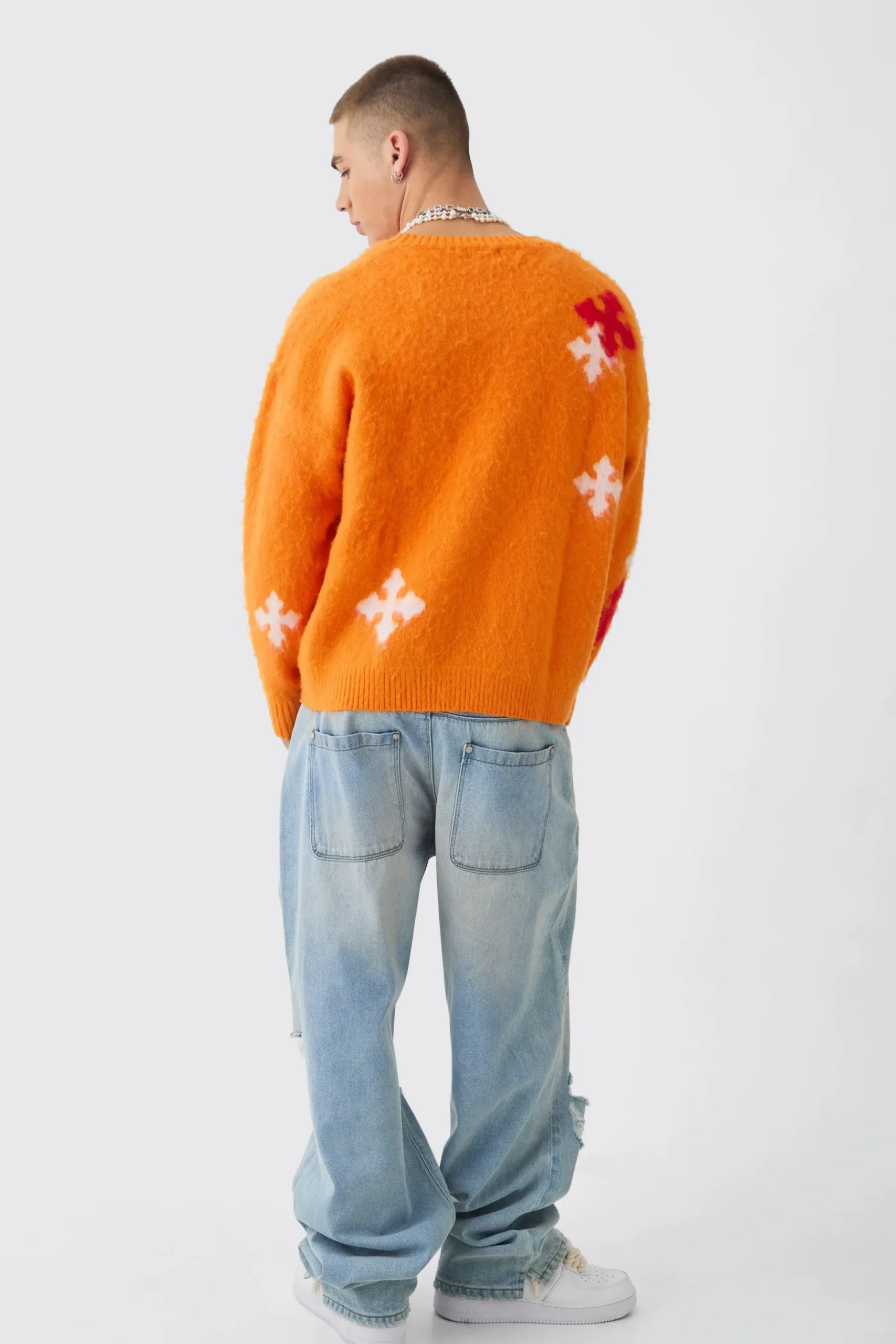 Oversized Boxy Cross Brushed Knitted Jumper | BoohooMAN UK