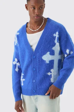 Oversized Boxy Cross Brushed Knitted Cardigan | BoohooMAN UK
