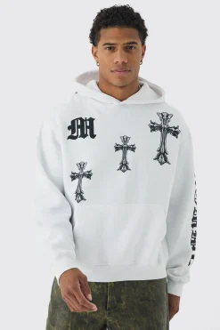 Oversized Boxy Cross Printed Hoodie | BoohooMAN UK
