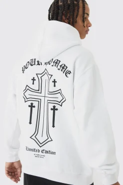 Oversized Boxy Cross Print Hoodie | BoohooMAN UK