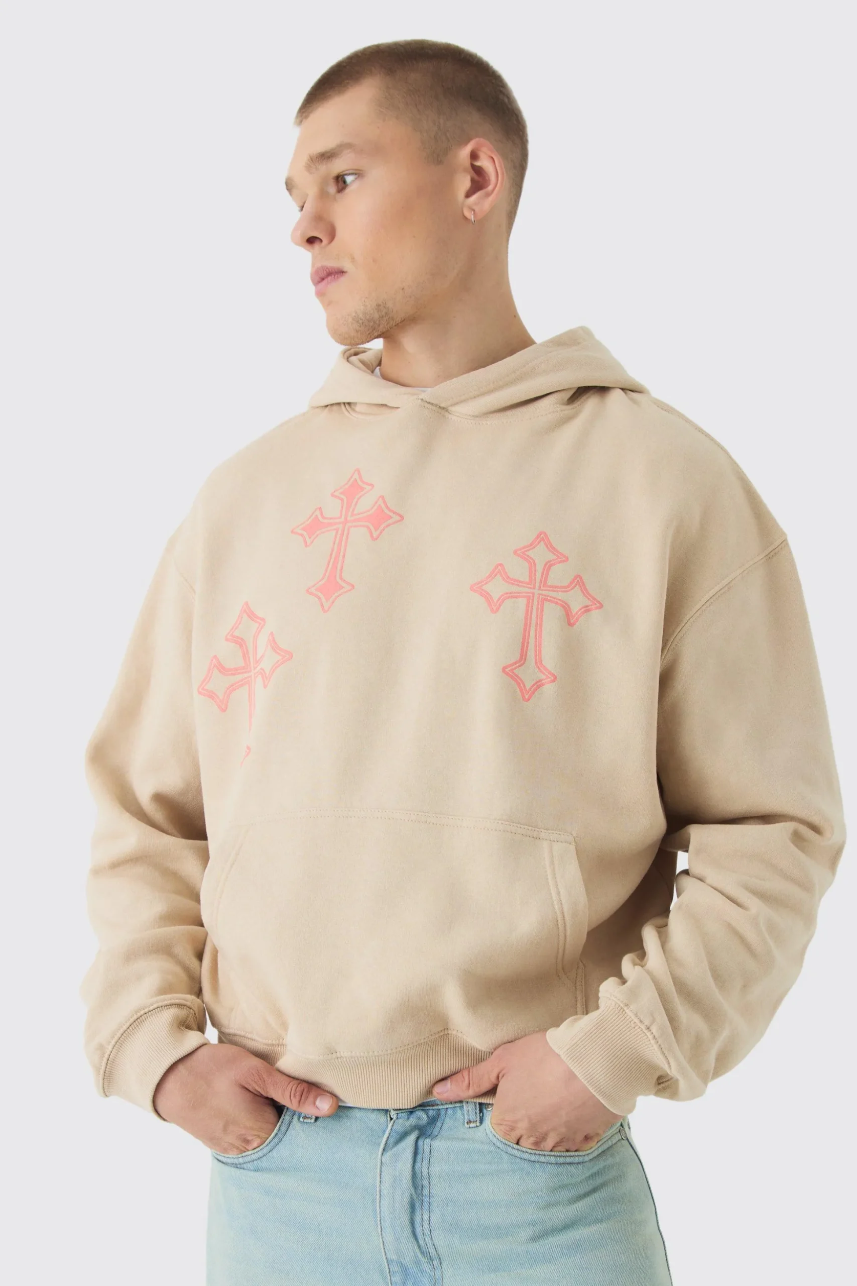 Oversized Boxy Cross Printed Hoodie | BoohooMAN UK