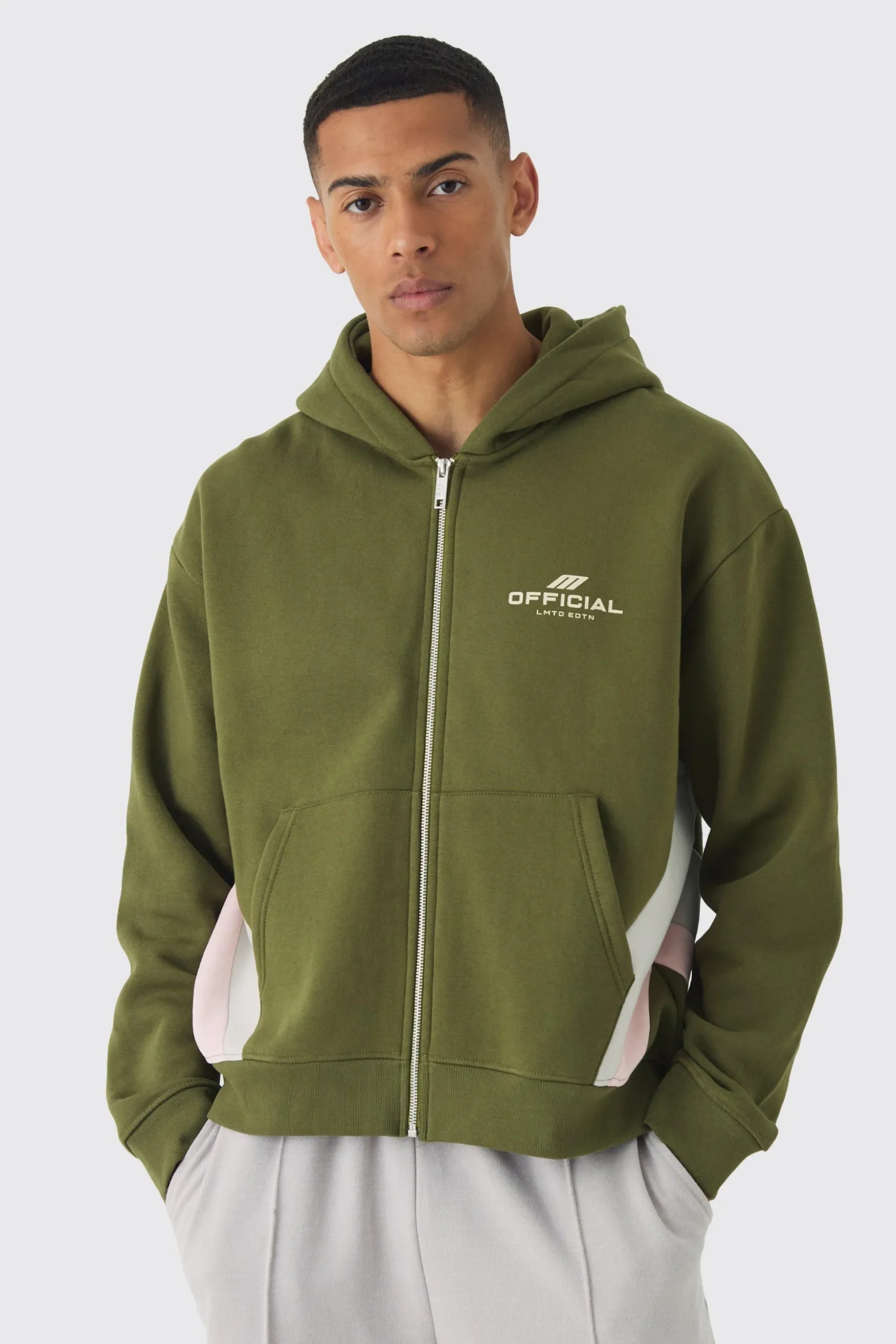 Oversized Boxy Cut & Sew Colour Block Zip Through Hoodie | BoohooMAN UK