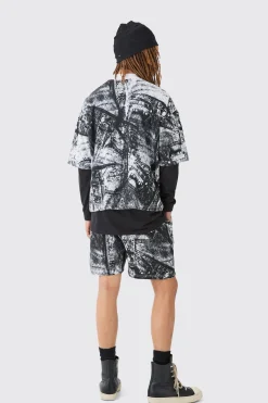 Oversized Boxy Denim Printed Waffle T-shirt & Shorts Set | BoohooMAN UK