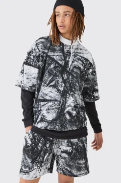Oversized Boxy Denim Printed Waffle T-shirt & Shorts Set | BoohooMAN UK