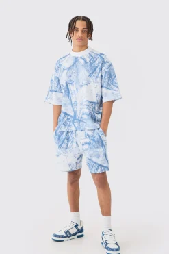 Oversized Boxy Denim Printed Waffle T-shirt & Shorts Set | BoohooMAN UK