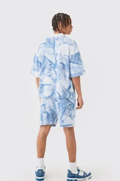 Oversized Boxy Denim Printed Waffle T-shirt & Shorts Set | BoohooMAN UK