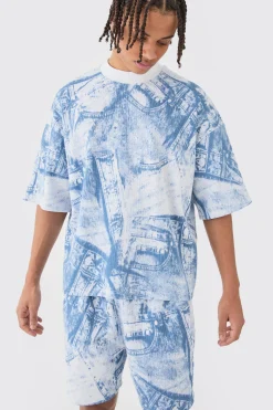 Oversized Boxy Denim Printed Waffle T-shirt & Shorts Set | BoohooMAN UK