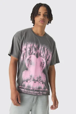 Oversized Boxy Distressed Gothic Heart Print T-Shirt | BoohooMAN UK