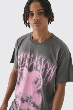 Oversized Boxy Distressed Gothic Heart Print T-Shirt | BoohooMAN UK