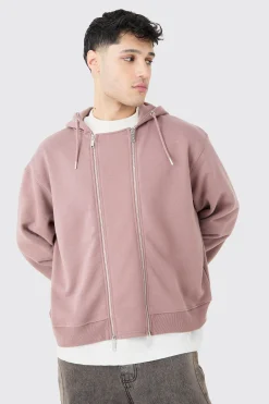Oversized Boxy Double Zip Through Hoodie | BoohooMAN UK