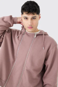 Oversized Boxy Double Zip Through Hoodie | BoohooMAN UK