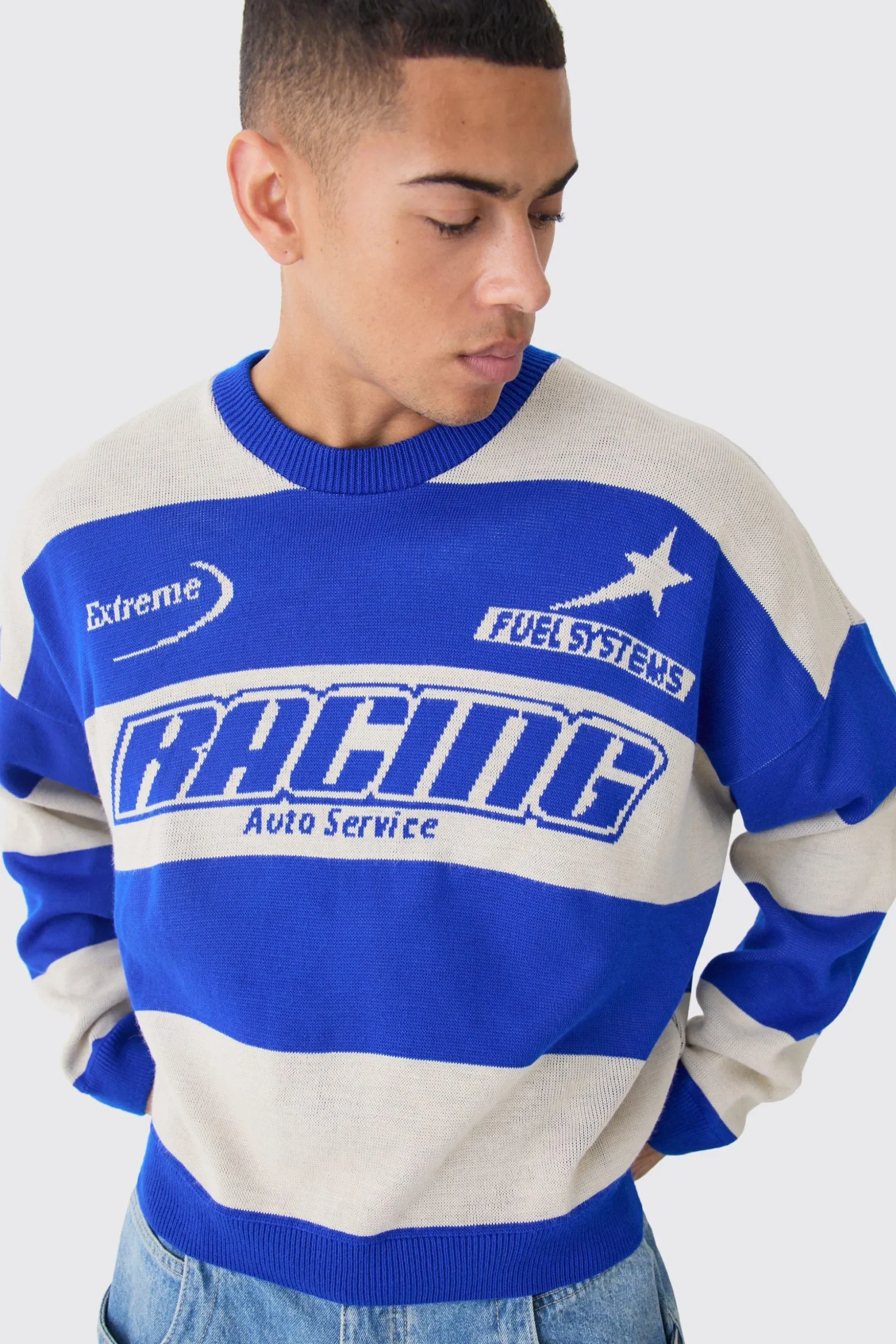 Oversized Boxy Drop Shoulder Moto Knit Jumper | BoohooMAN UK