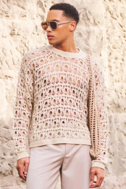 Oversized Boxy Drop Shoulder Open Knit Jumper In Ecru | BoohooMAN UK