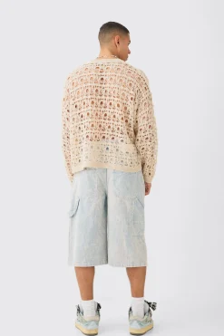 Oversized Boxy Drop Shoulder Open Knit Jumper In Ecru | BoohooMAN UK
