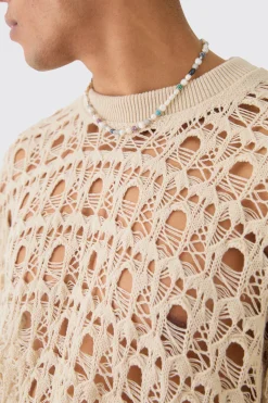 Oversized Boxy Drop Shoulder Open Knit Jumper In Ecru | BoohooMAN UK