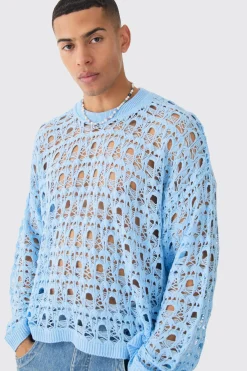 Oversized Boxy Drop Shoulder Open Knit Jumper In Blue | BoohooMAN UK