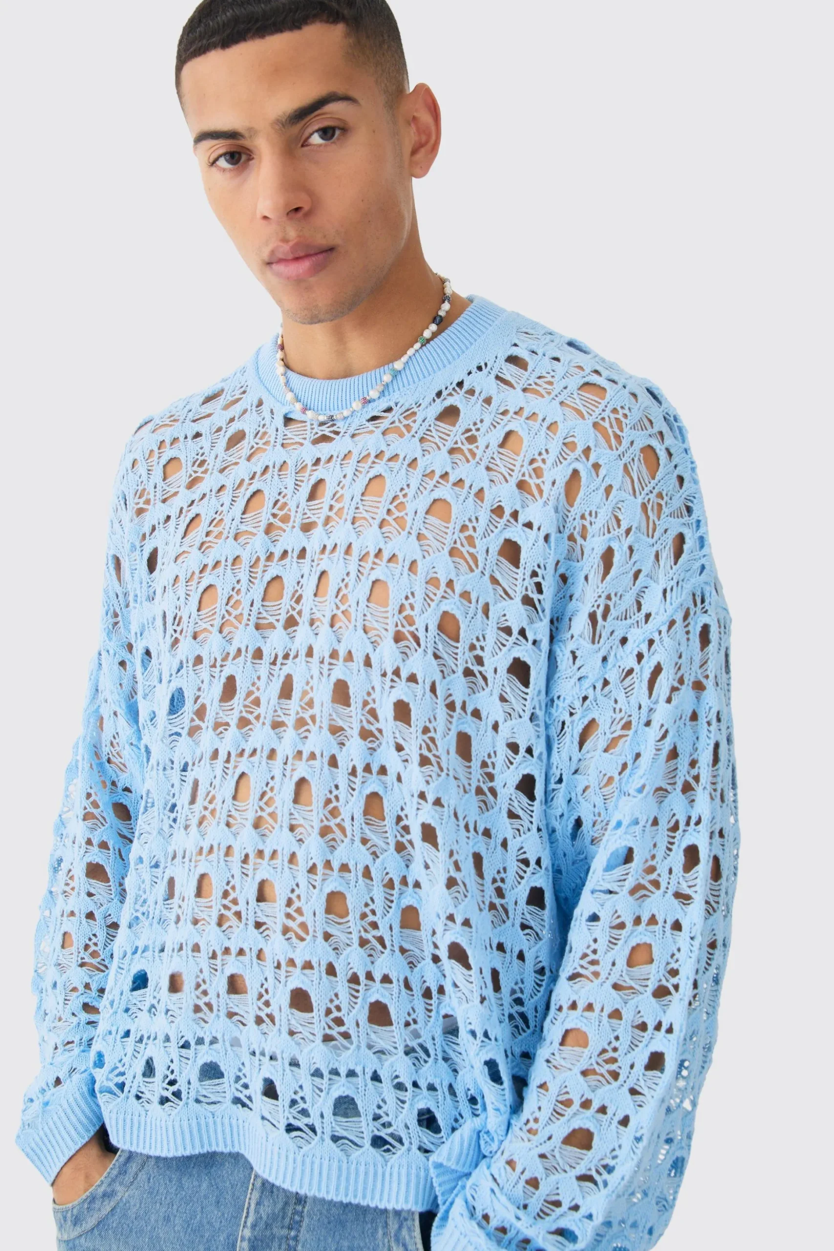 Oversized Boxy Drop Shoulder Open Knit Jumper In Blue | BoohooMAN UK