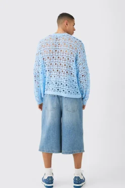 Oversized Boxy Drop Shoulder Open Knit Jumper In Blue | BoohooMAN UK