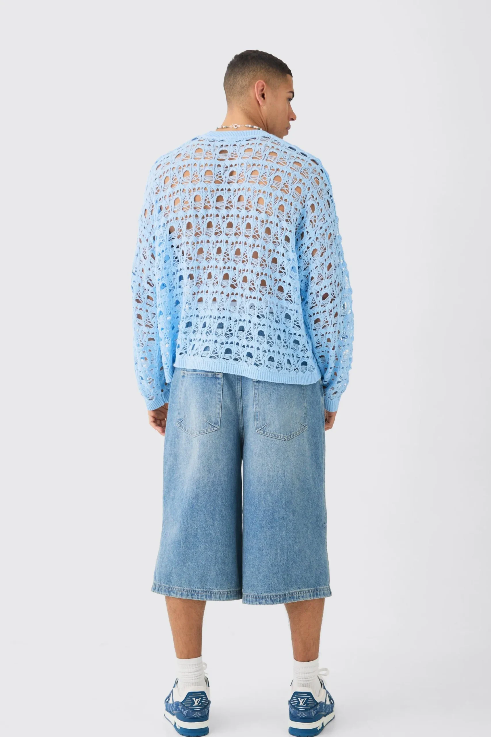 Oversized Boxy Drop Shoulder Open Knit Jumper In Blue | BoohooMAN UK
