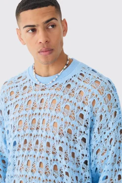 Oversized Boxy Drop Shoulder Open Knit Jumper In Blue | BoohooMAN UK