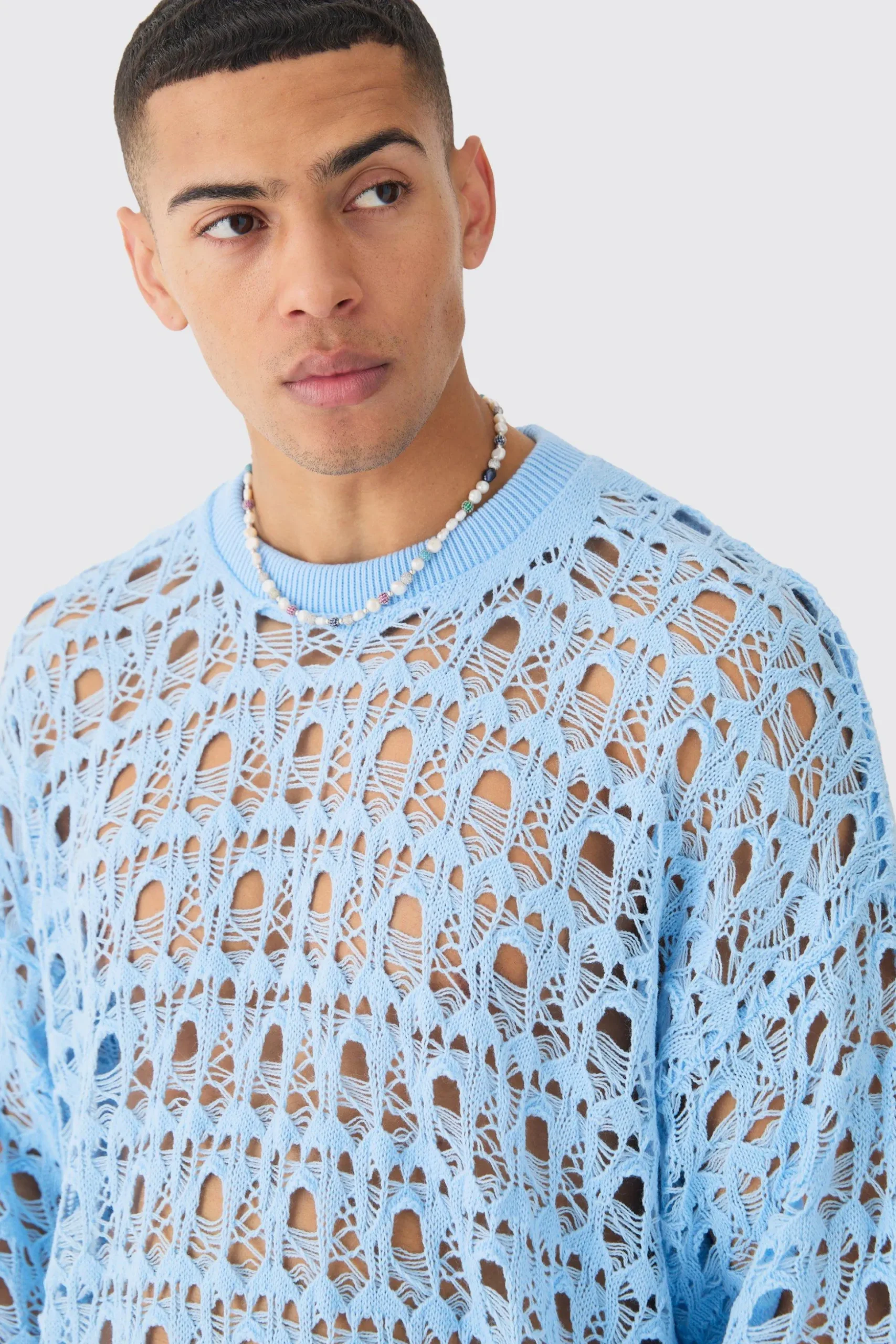 Oversized Boxy Drop Shoulder Open Knit Jumper In Blue | BoohooMAN UK