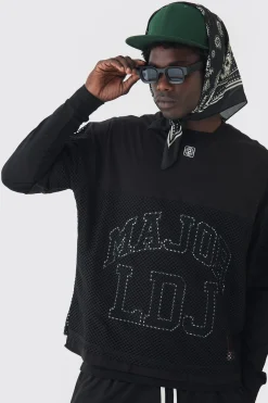 Oversized Boxy Drop Shoulder Mesh Layer Applique T-shirt | BoohooMAN UK