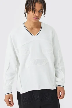 Oversized Boxy Embroidered Sports Rib Sweatshirt | BoohooMAN UK