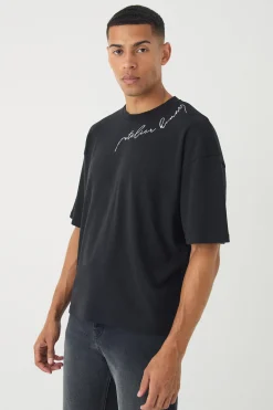 Oversized Boxy Embroidered Slogan T-shirt | BoohooMAN UK