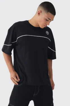 Oversized Boxy Embroidered Piping T-Shirt | BoohooMAN UK