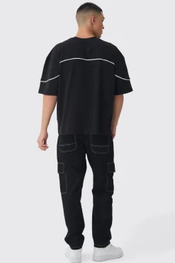 Oversized Boxy Embroidered Piping T-Shirt | BoohooMAN UK