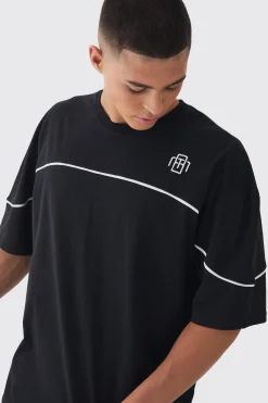 Oversized Boxy Embroidered Piping T-Shirt | BoohooMAN UK