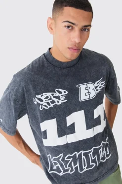 Oversized Boxy Extended Neck Puff Print Washed T-shirt | BoohooMAN UK
