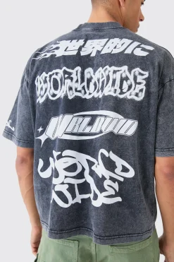 Oversized Boxy Extended Neck Puff Print Washed T-shirt | BoohooMAN UK