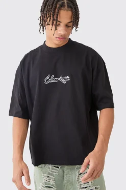 Oversized Boxy Extended Neck Embroidered Graphic T-shirt | BoohooMAN UK