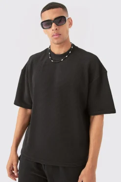 Oversized Boxy Extended Neck Textured T-shirt | BoohooMAN UK