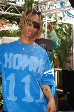 Oversized Boxy Extended Neck 111 Rhinestone T-shirt | BoohooMAN UK