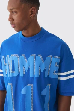 Oversized Boxy Extended Neck 111 Rhinestone T-shirt | BoohooMAN UK