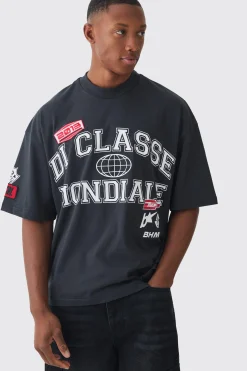 Oversized Boxy Extended Neck Applique Badge T-shirt | BoohooMAN UK