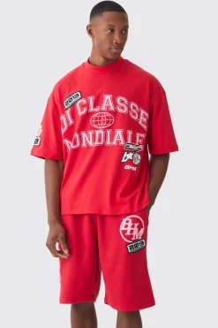 Oversized Boxy Extended Neck Applique T-shirt & Short Set | BoohooMAN UK