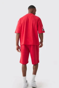 Oversized Boxy Extended Neck Applique T-shirt & Short Set | BoohooMAN UK