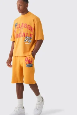 Oversized Boxy Extended Neck Applique T-shirt & Short Set | BoohooMAN UK