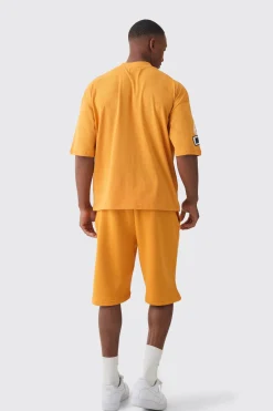 Oversized Boxy Extended Neck Applique T-shirt & Short Set | BoohooMAN UK