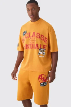 Oversized Boxy Extended Neck Applique T-shirt & Short Set | BoohooMAN UK