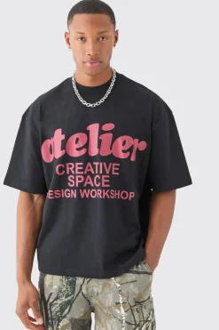 Oversized Boxy Extended Neck Atelier Graphic T-shirt | BoohooMAN UK