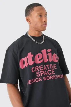 Oversized Boxy Extended Neck Atelier Graphic T-shirt | BoohooMAN UK