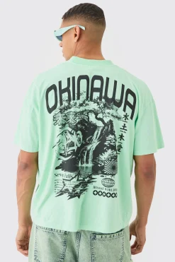 Oversized Boxy Extended Neck Okinawa Print Wash T-shirt | BoohooMAN UK