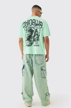 Oversized Boxy Extended Neck Okinawa Print Wash T-shirt | BoohooMAN UK