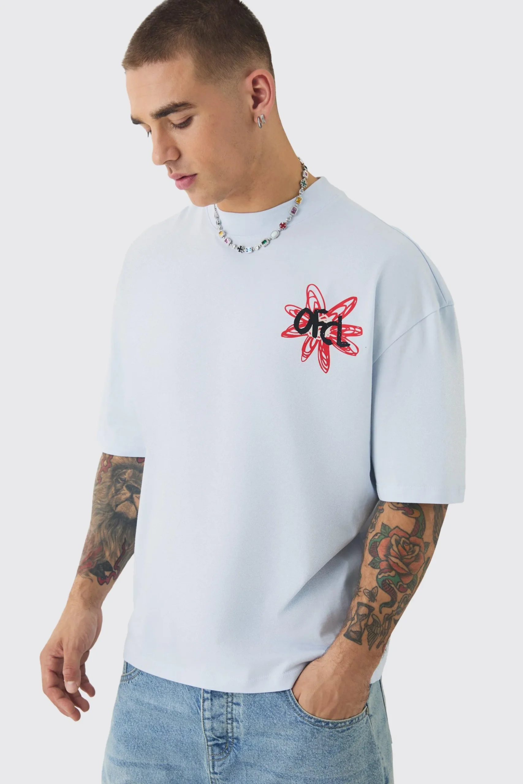 Oversized Boxy Extended Neck Floral T-shirt | BoohooMAN UK