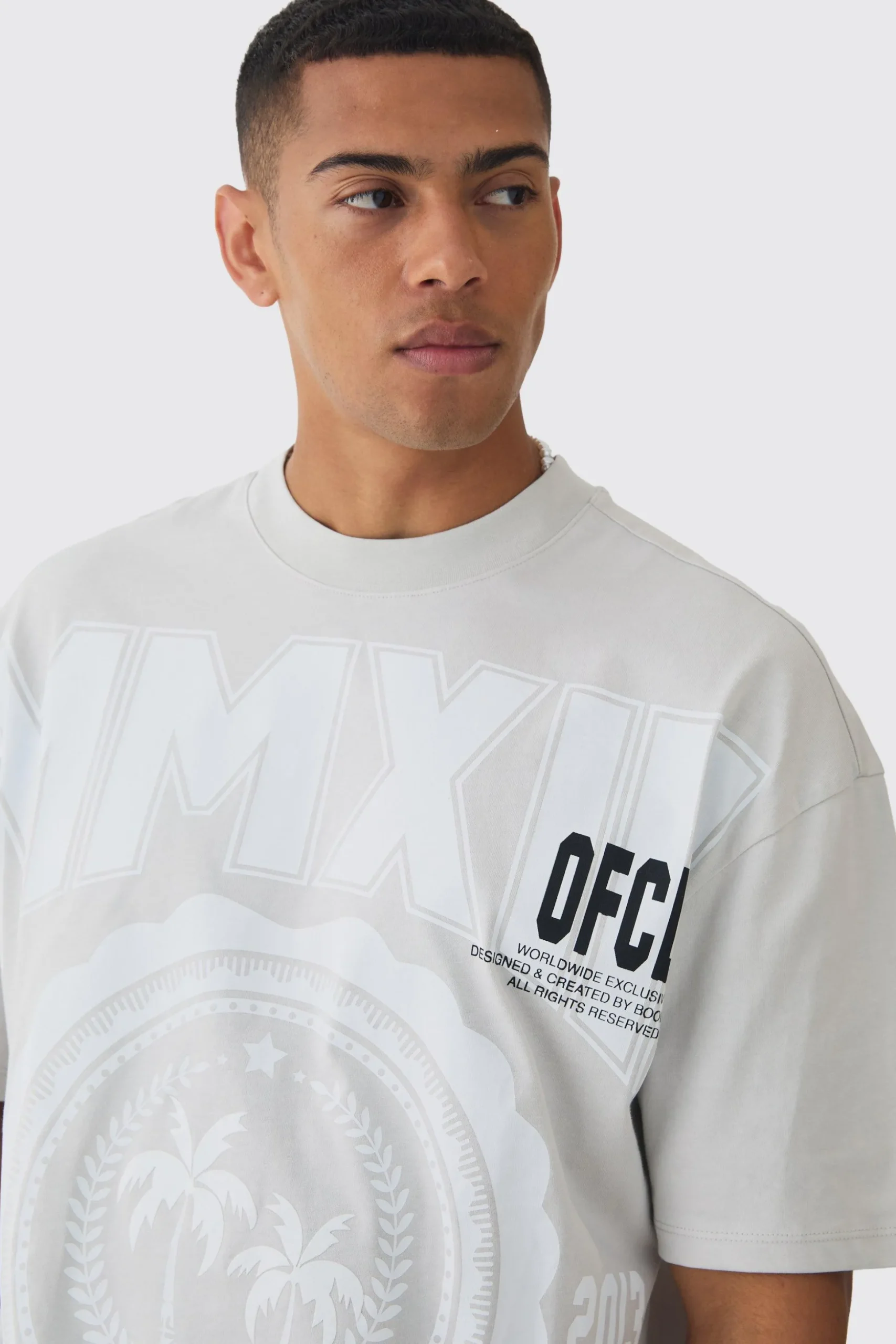 Oversized Boxy Extended Neck Palm Tree T-shirt | BoohooMAN UK